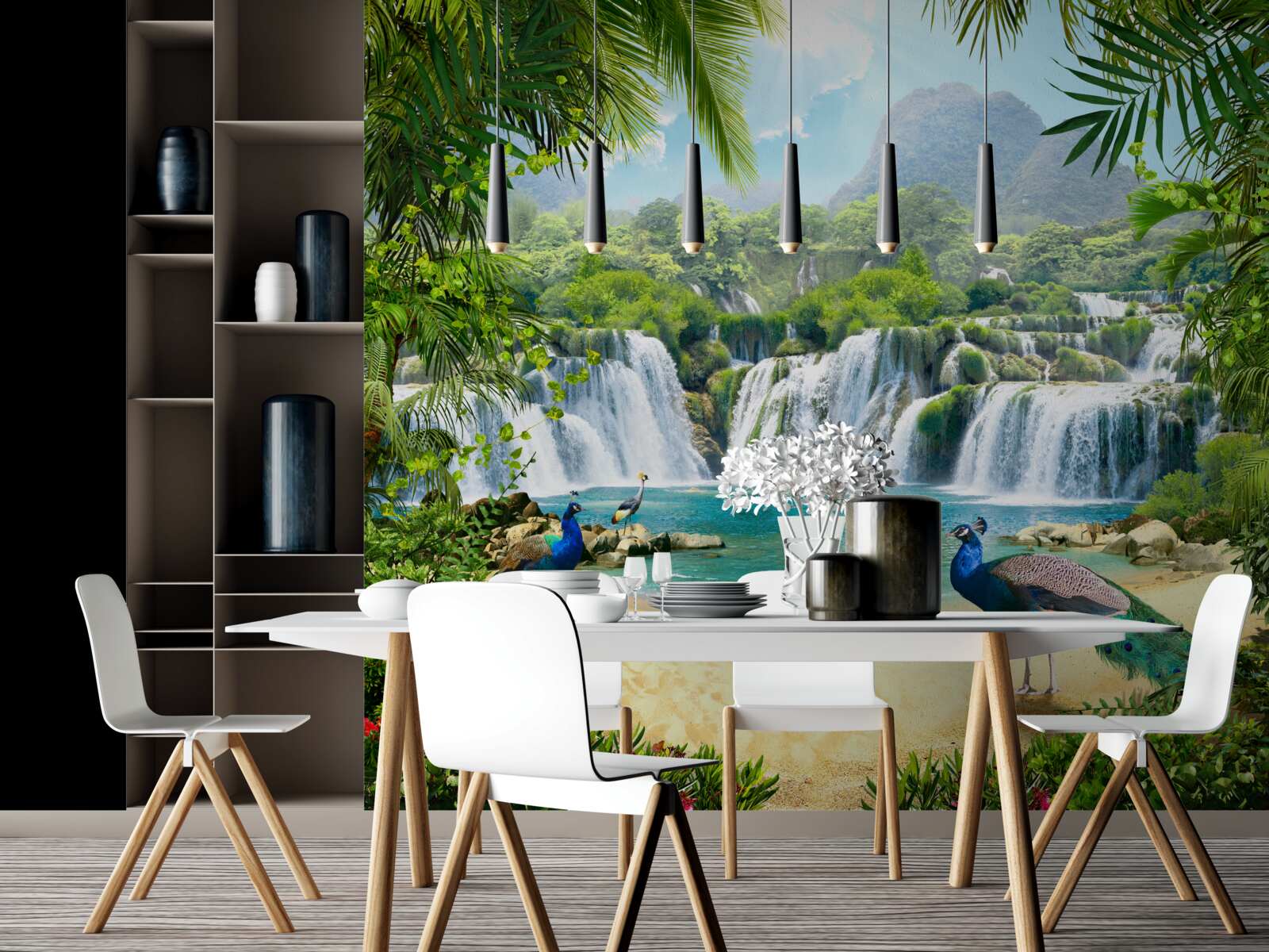 Fototapeta wodospad w magicznych tropikach, w którym żyją pawie