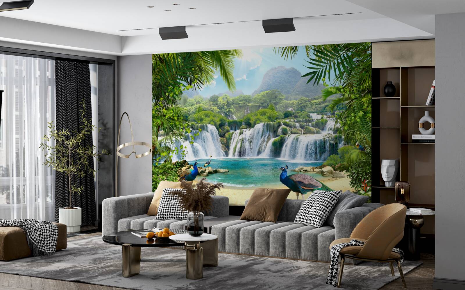Fototapeta wodospad w magicznych tropikach, w którym żyją pawie