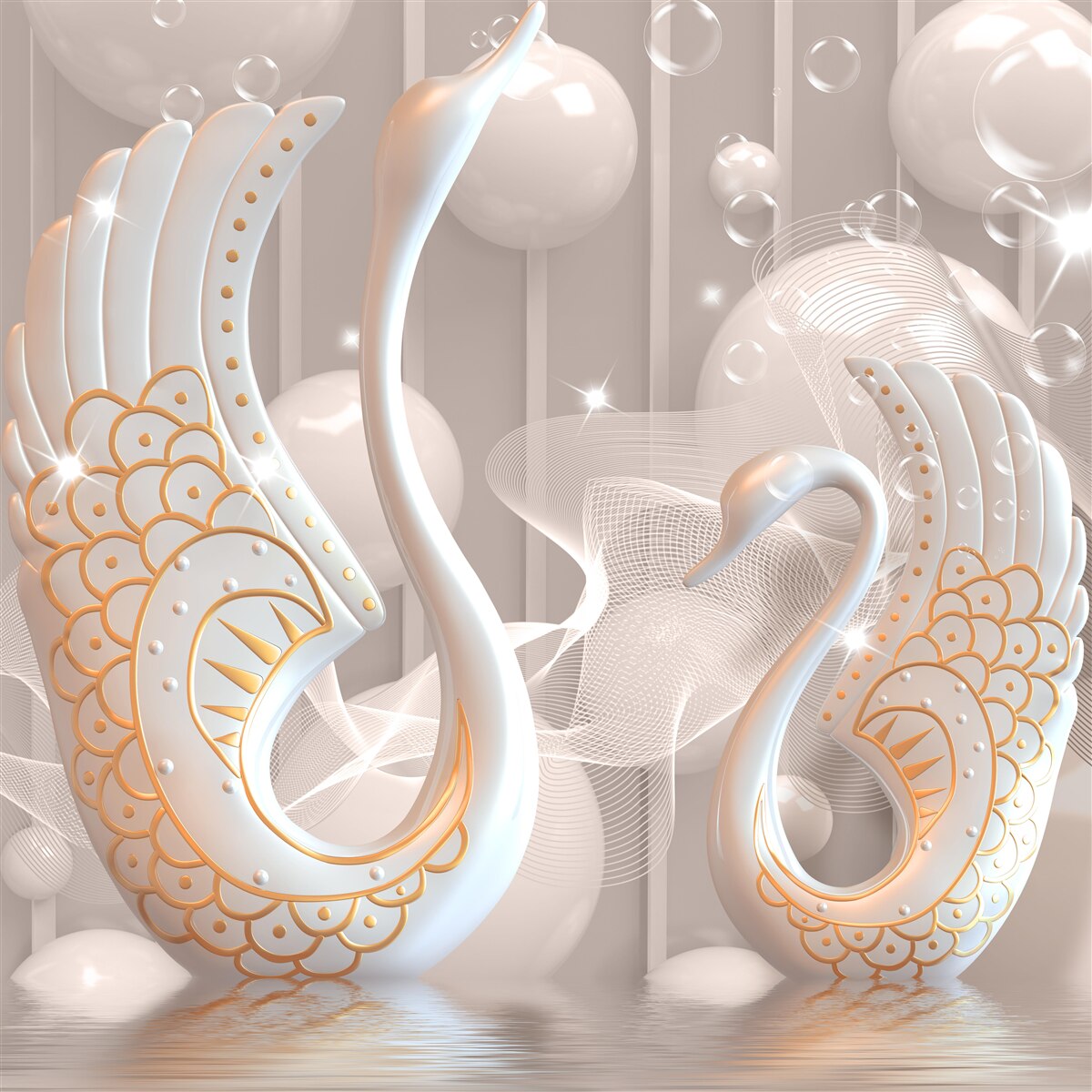 Fototapeta dwa śnieżnobiałe łabędzie ze złotą ramą