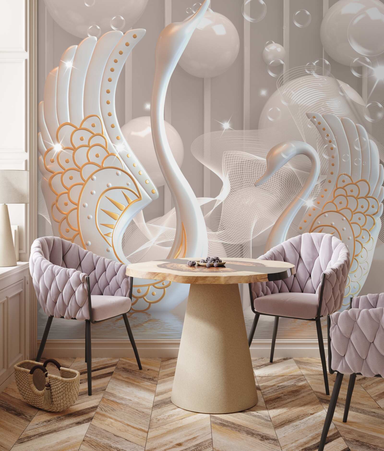 Fototapeta dwa śnieżnobiałe łabędzie ze złotą ramą