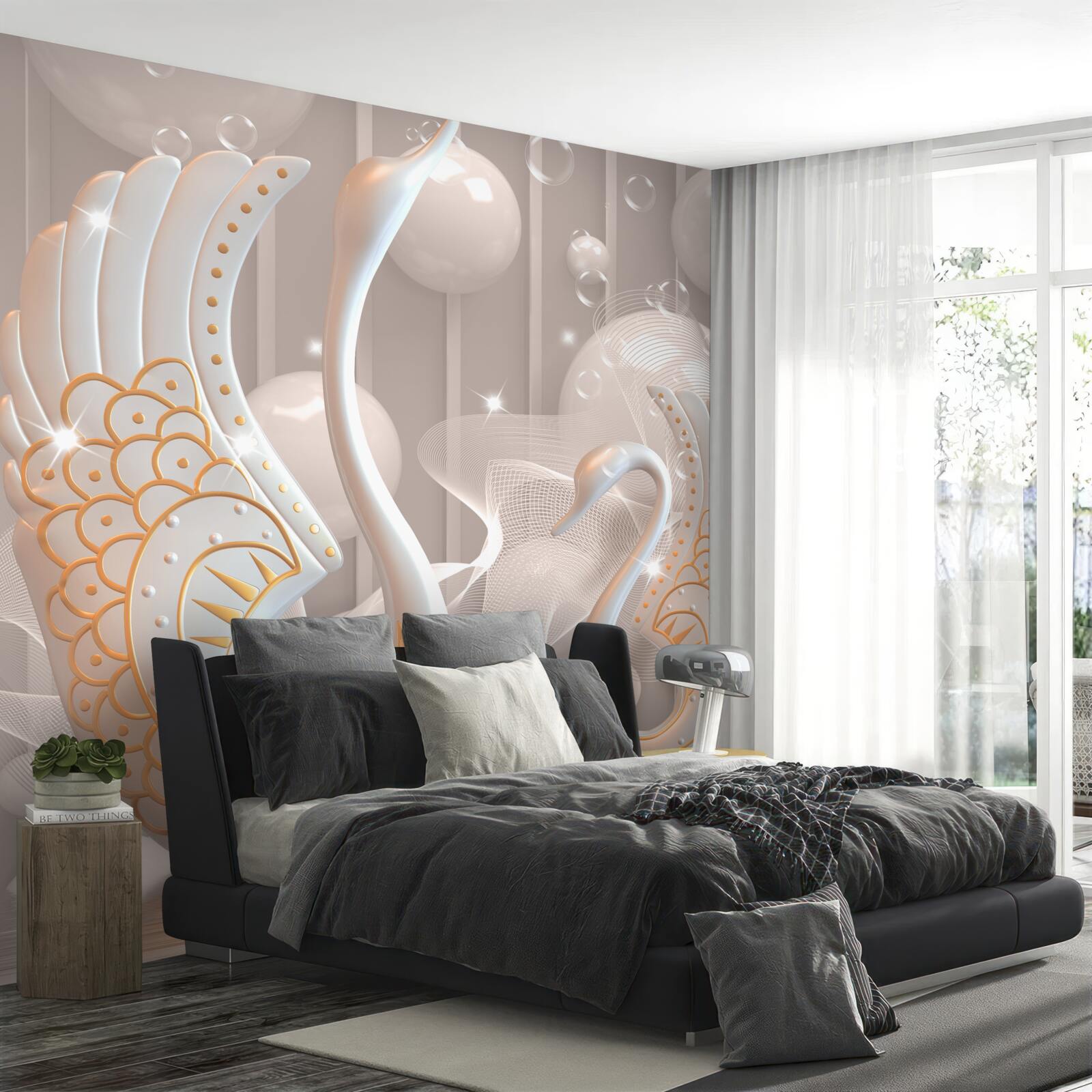 Fototapeta dwa śnieżnobiałe łabędzie ze złotą ramą