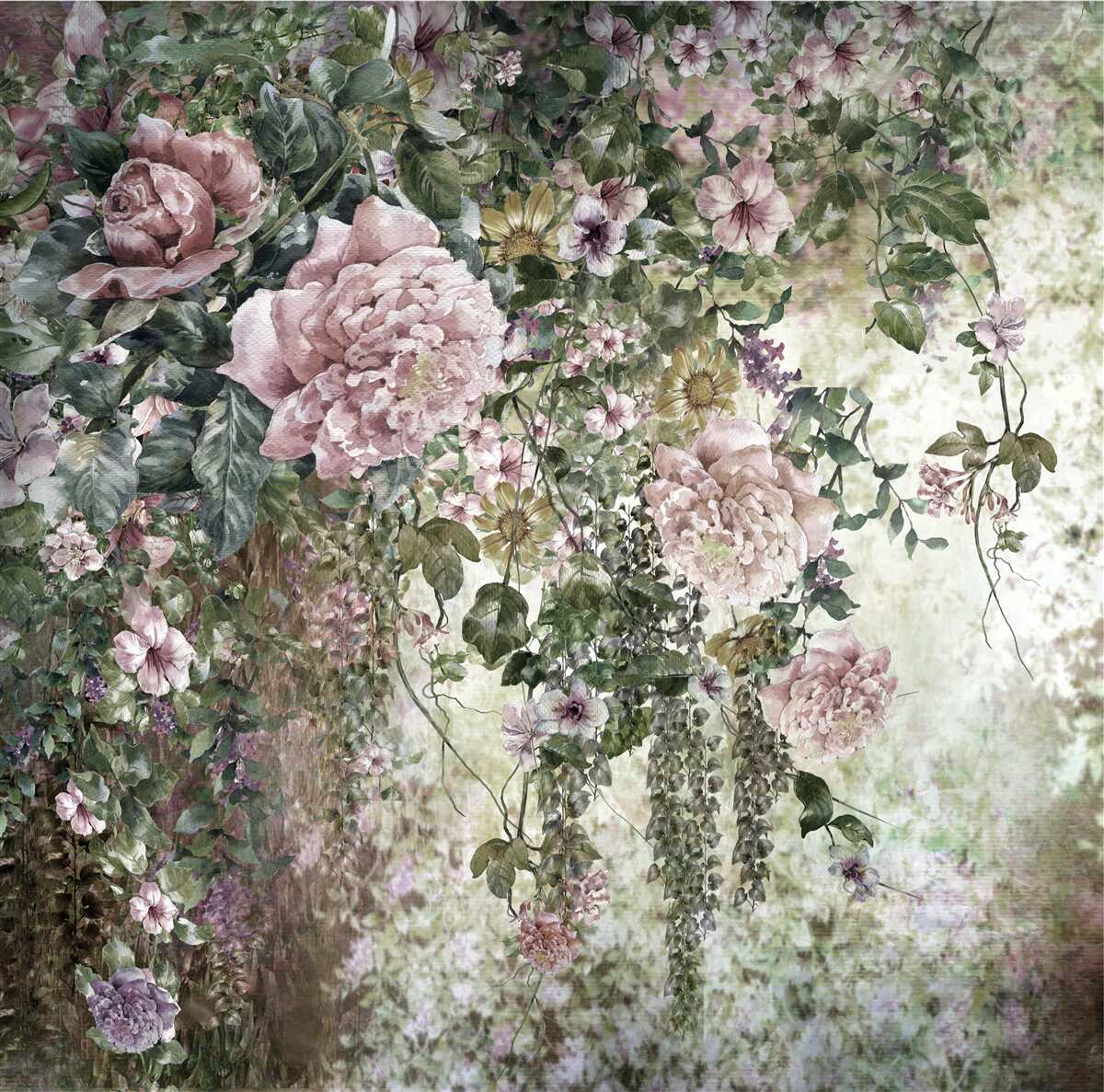 Fototapeta zieleń otoczona różnorodnymi wiosennymi kwiatami