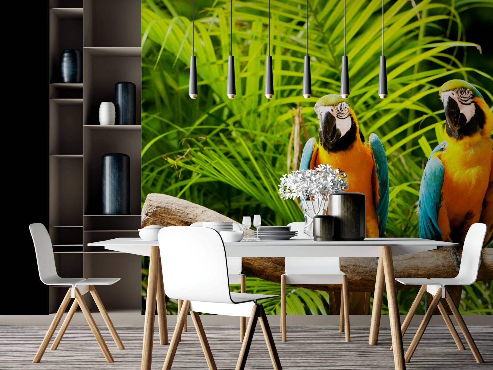 Fototapeta rodzina papug ara na gałęzi otoczonej zielenią