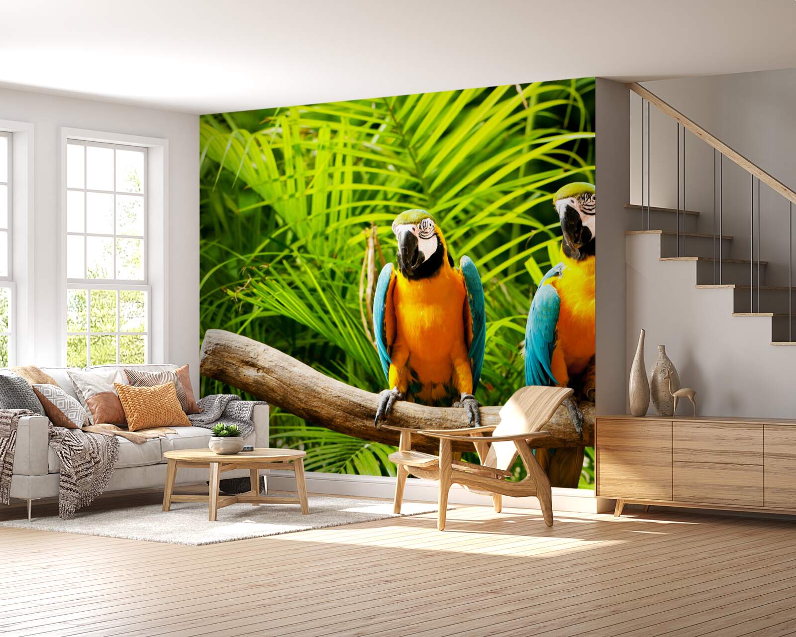 Fototapeta rodzina papug ara na gałęzi otoczonej zielenią