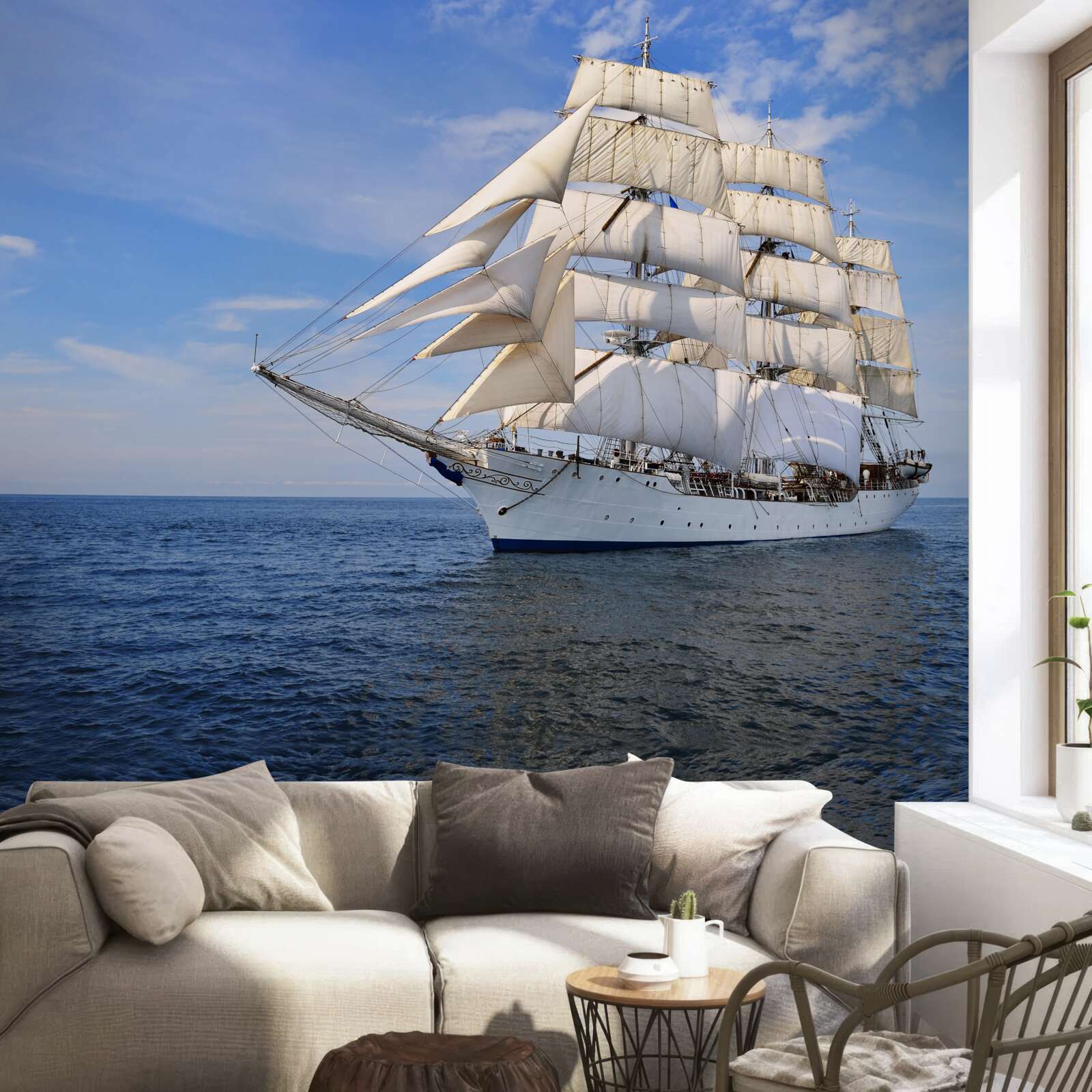 Fototapeta statek z żaglami na spokojnym morzu