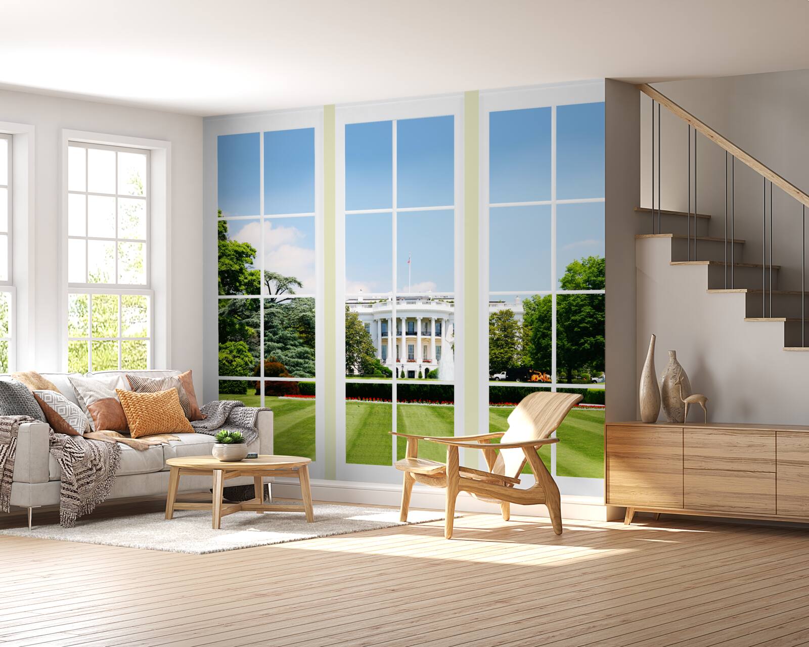 Fototapeta dom jest śnieżnobiały z widokiem na zielone łąki w oknach