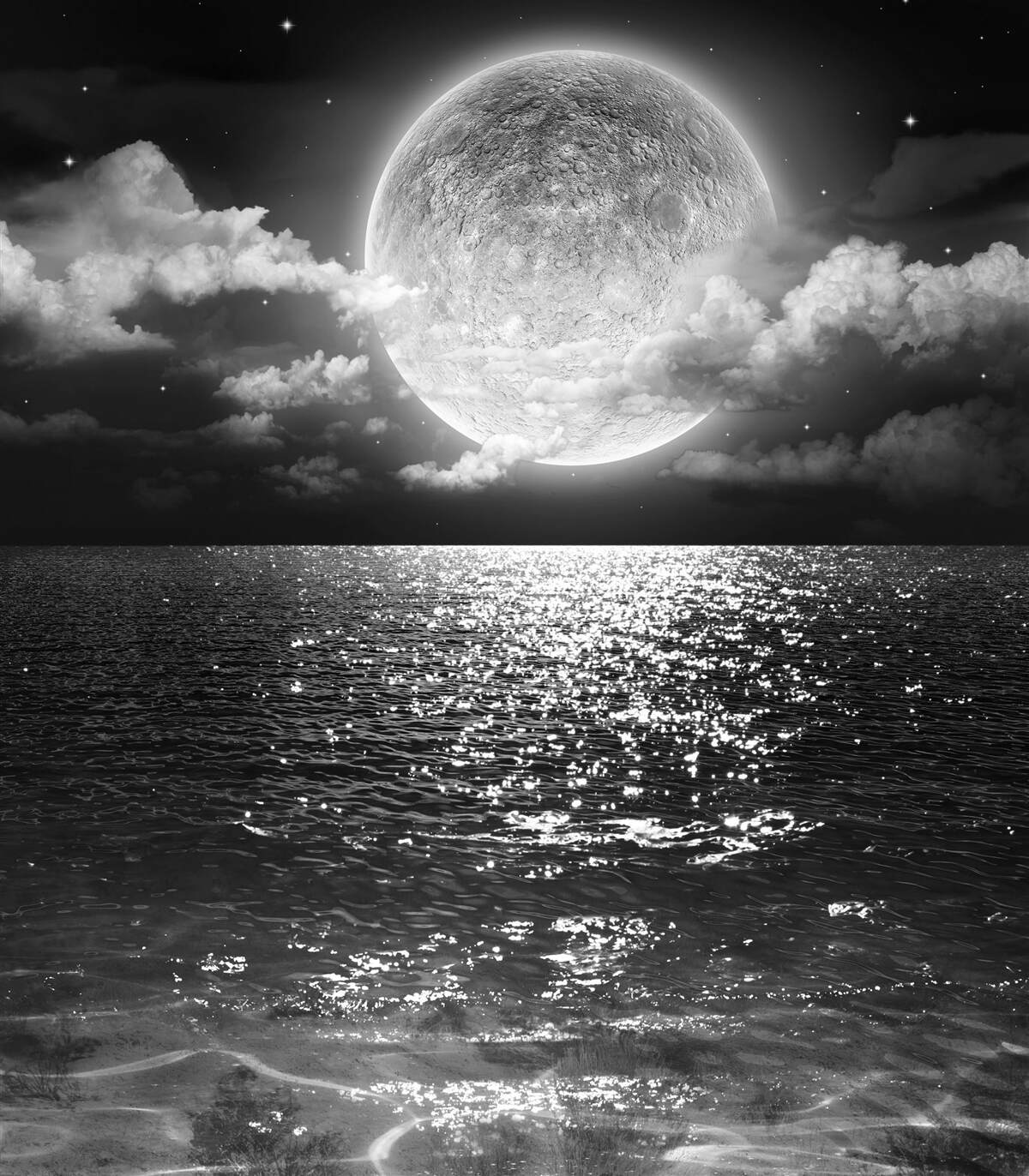 Fototapeta zachód słońca nad morzem na księżycu z czarno-białym odcieniem