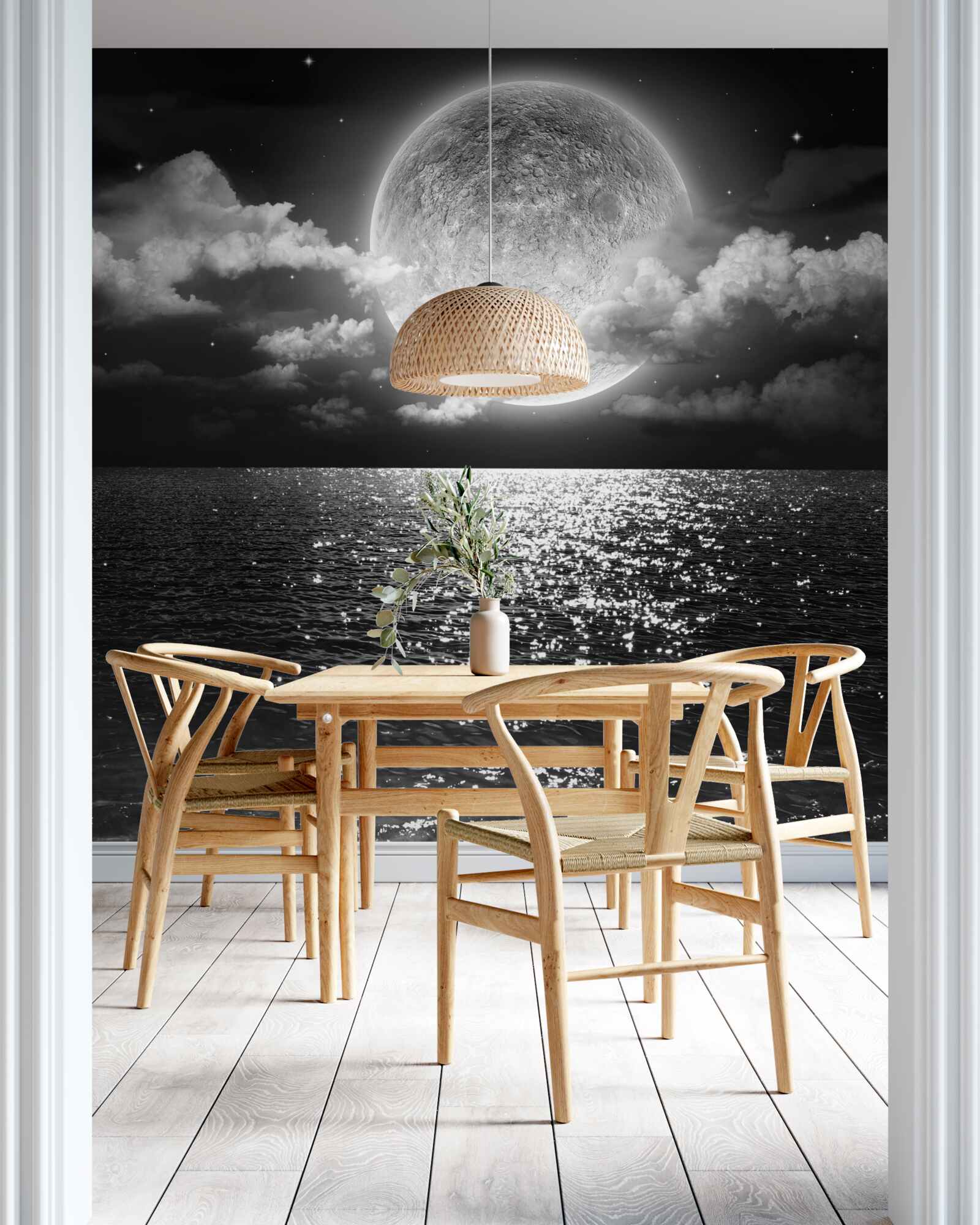 Fototapeta zachód słońca nad morzem na księżycu z czarno-białym odcieniem