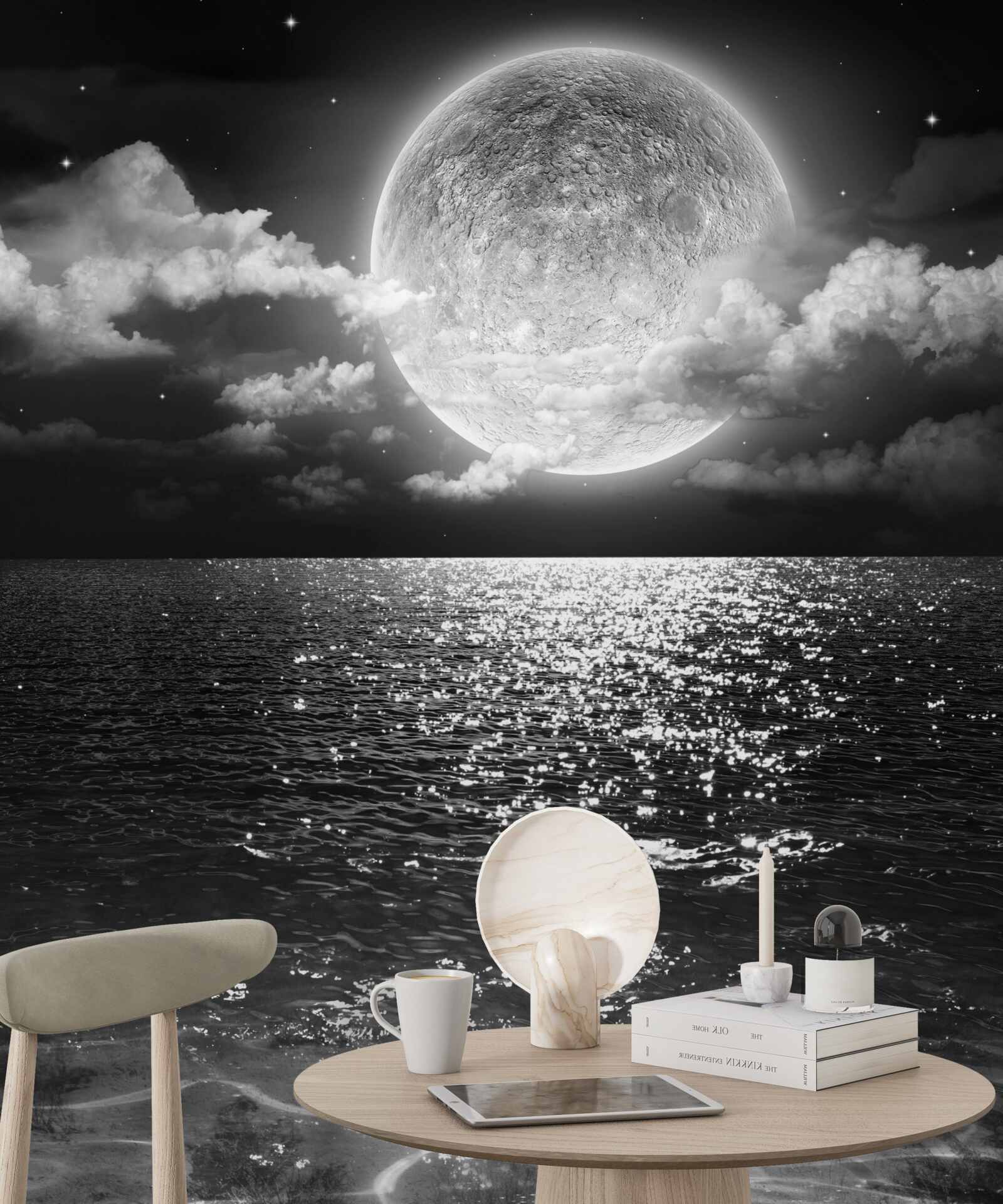 Fototapeta zachód słońca nad morzem na księżycu z czarno-białym odcieniem