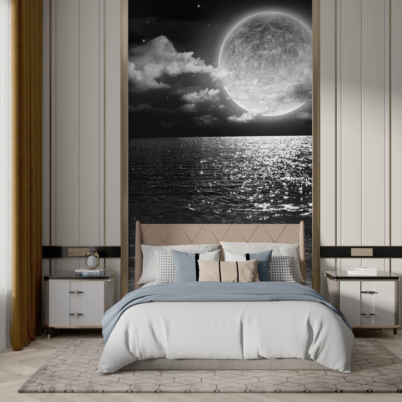 Fototapeta zachód słońca nad morzem na księżycu z czarno-białym odcieniem