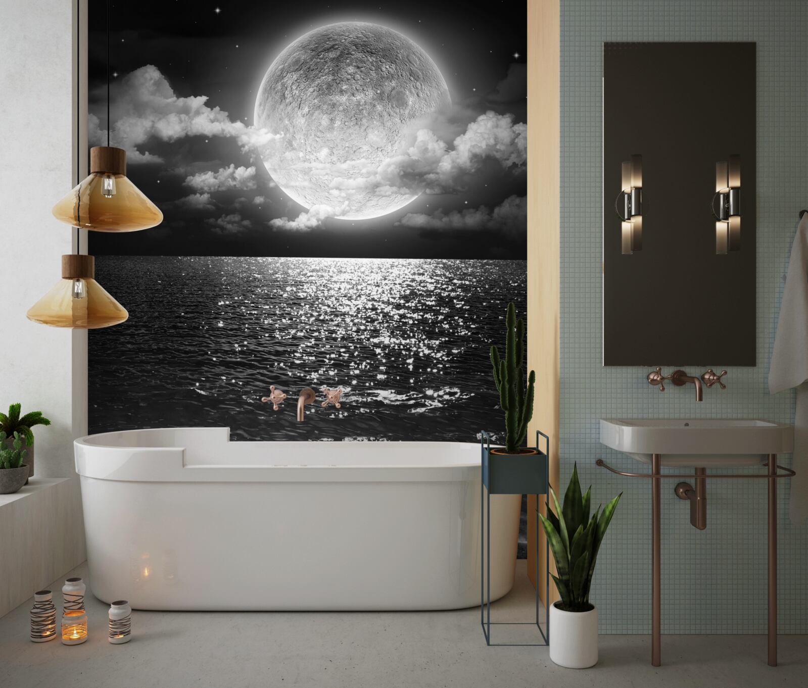 Fototapeta zachód słońca nad morzem na księżycu z czarno-białym odcieniem