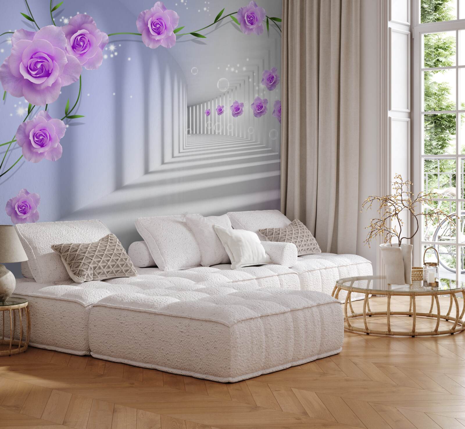 Fototapeta fioletowa róża herbaciana na gałęziach