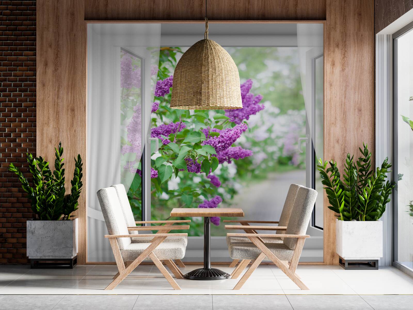 Fototapeta białe okno ozdobione jest bzami