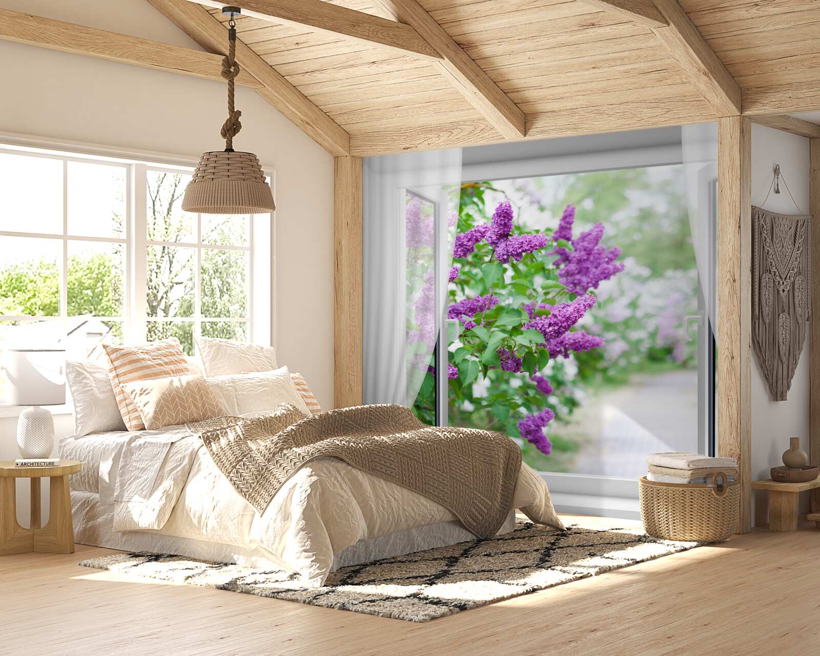 Fototapeta białe okno ozdobione jest bzami