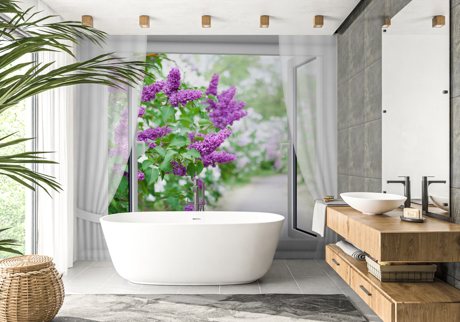 Fototapeta białe okno ozdobione jest bzami