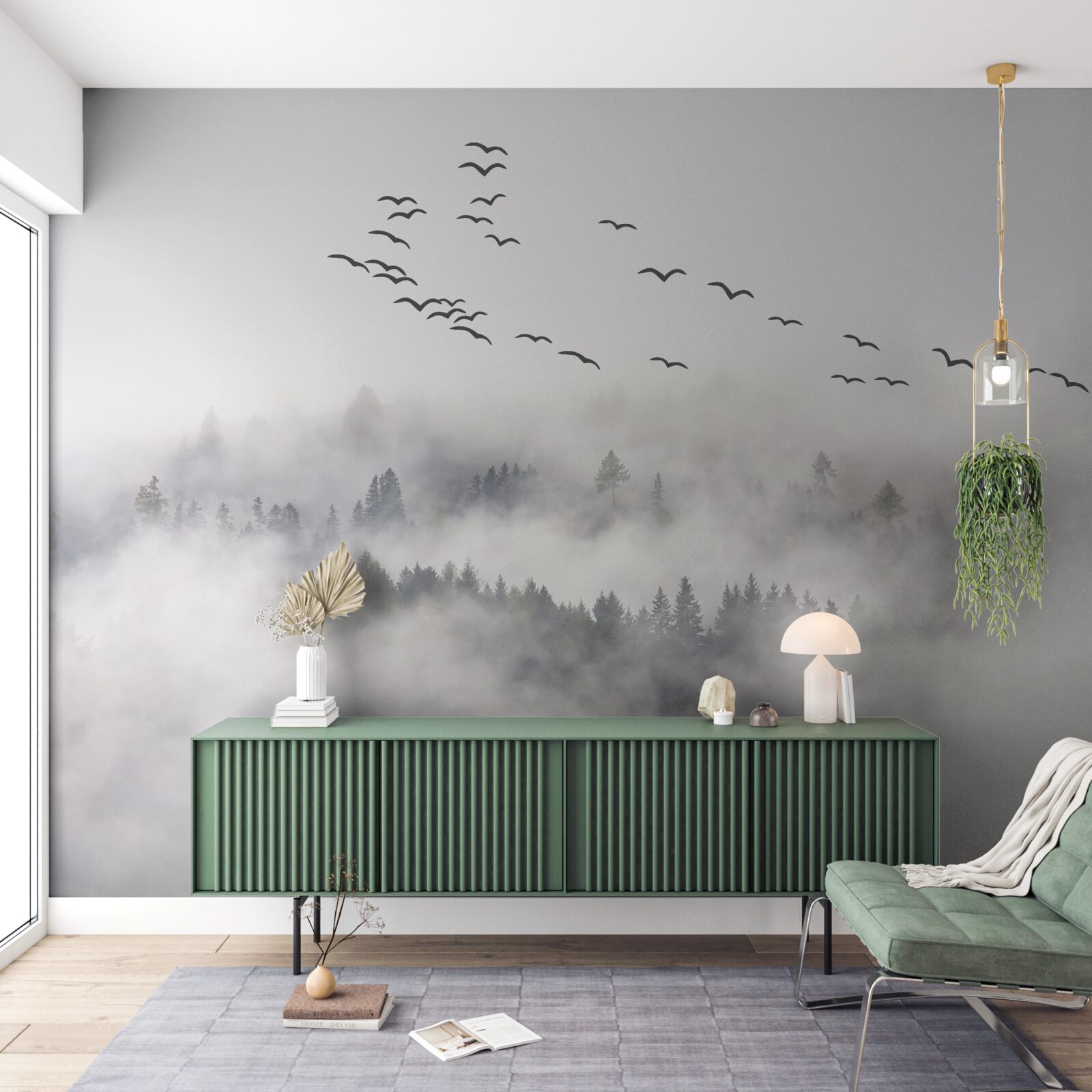 Fototapeta z mgły wylatuje grupa ptaków, próbując znaleźć przytulne, ciepłe krainy