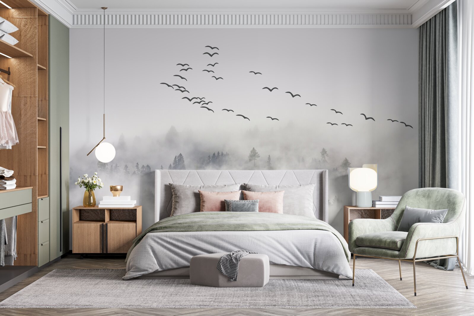 Fototapeta z mgły wylatuje grupa ptaków, próbując znaleźć przytulne, ciepłe krainy