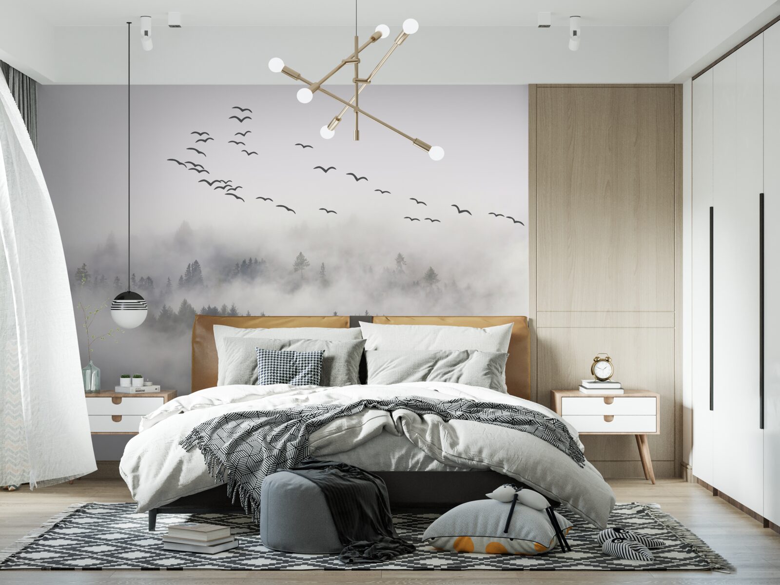 Fototapeta z mgły wylatuje grupa ptaków, próbując znaleźć przytulne, ciepłe krainy