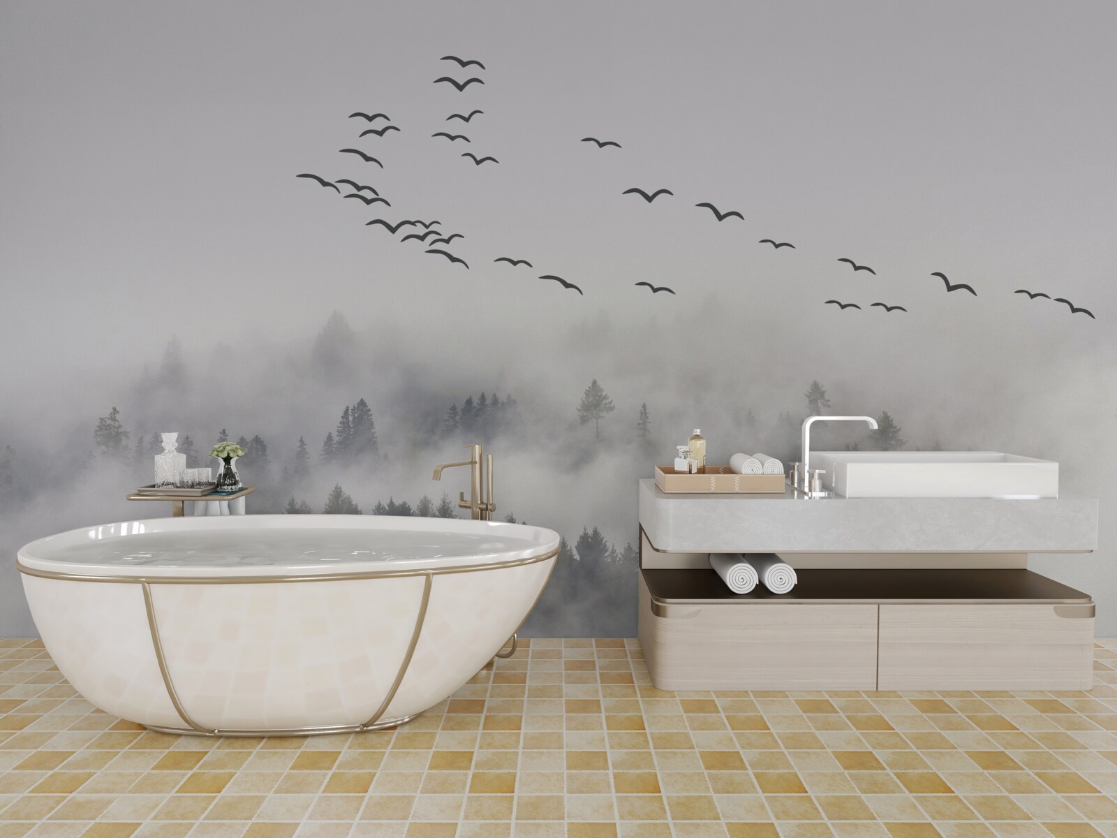 Fototapeta z mgły wylatuje grupa ptaków, próbując znaleźć przytulne, ciepłe krainy