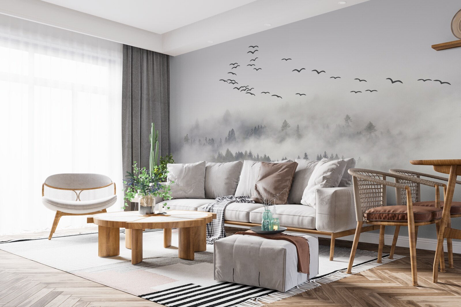 Fototapeta z mgły wylatuje grupa ptaków, próbując znaleźć przytulne, ciepłe krainy