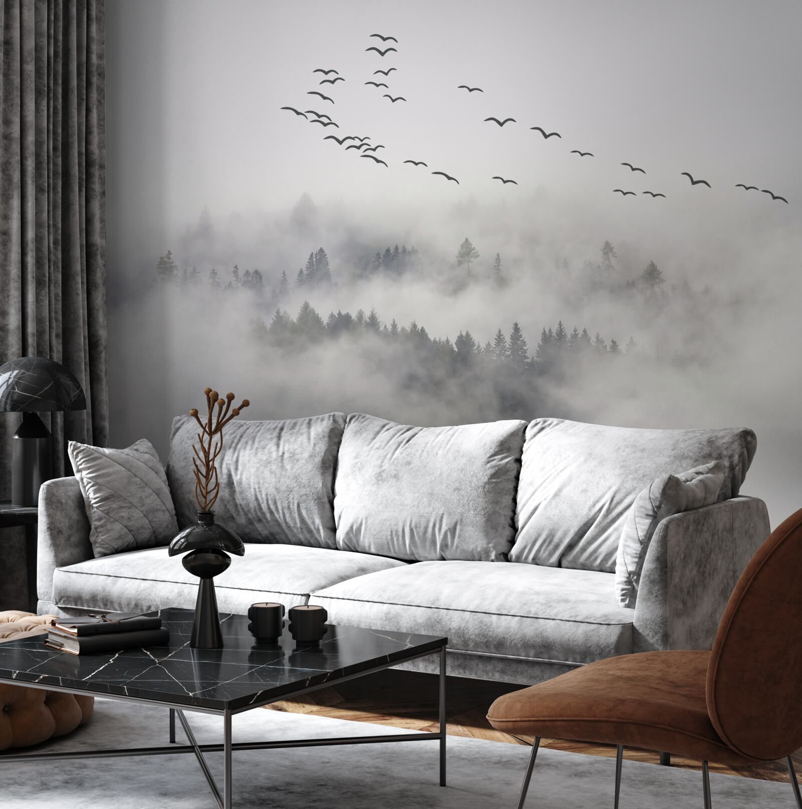 Fototapeta z mgły wylatuje grupa ptaków, próbując znaleźć przytulne, ciepłe krainy