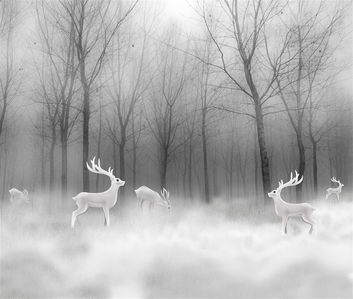 Fototapeta grupa jeleni wędruje po mglistym lesie