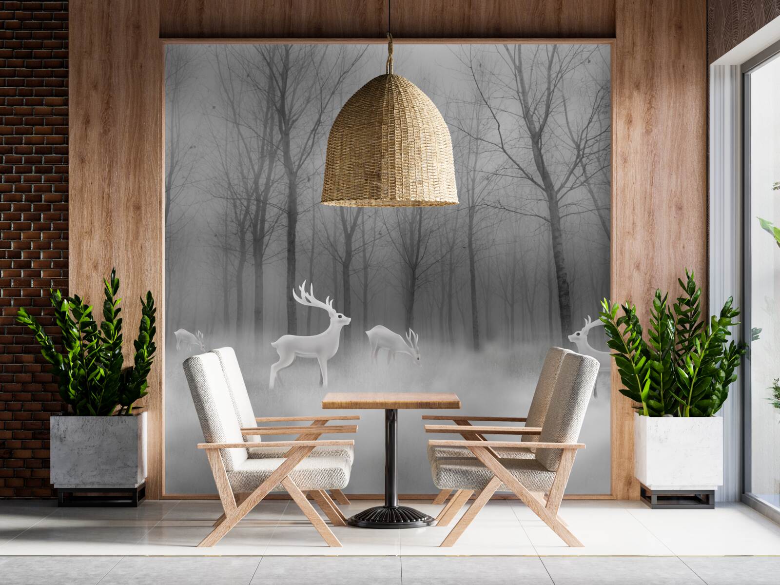 Fototapeta grupa jeleni wędruje po mglistym lesie