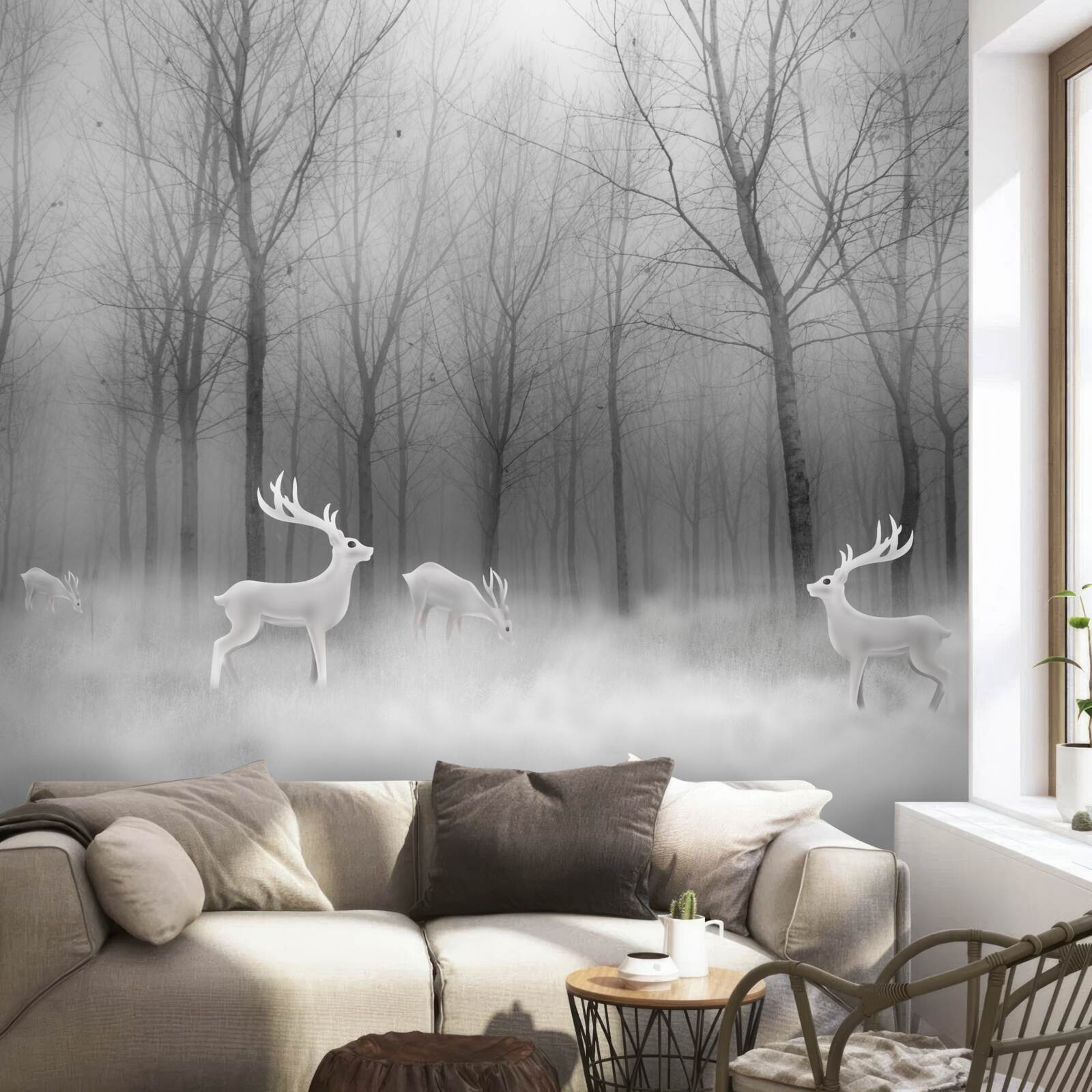 Fototapeta grupa jeleni wędruje po mglistym lesie