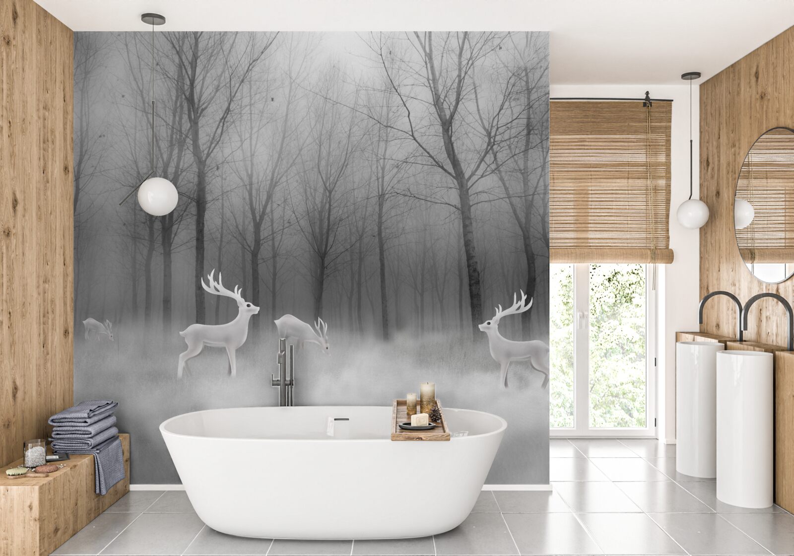 Fototapeta grupa jeleni wędruje po mglistym lesie