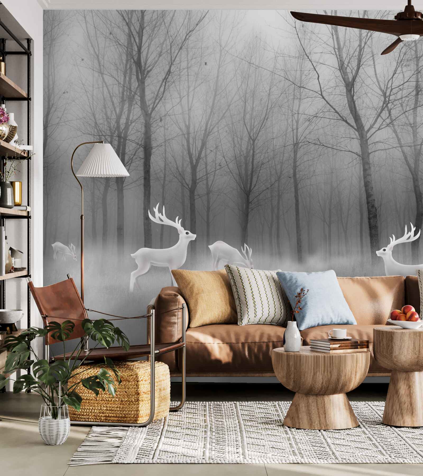 Fototapeta grupa jeleni wędruje po mglistym lesie