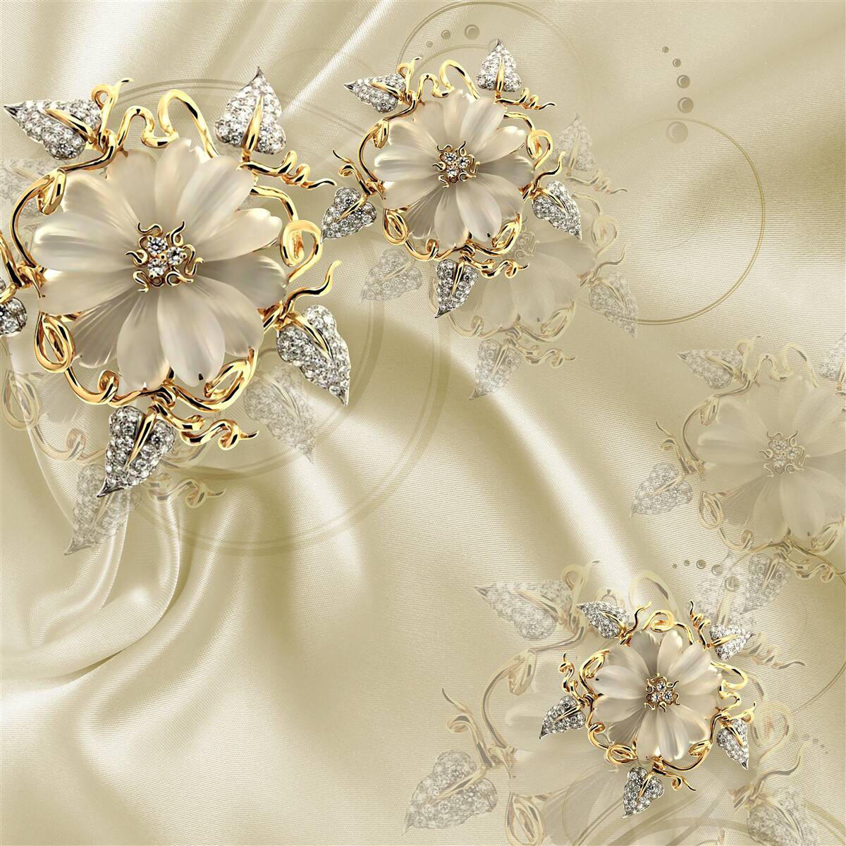 Fototapeta spinka do mankietów w kształcie kwiatka z płatkami na beżowej jedwabnej tkaninie