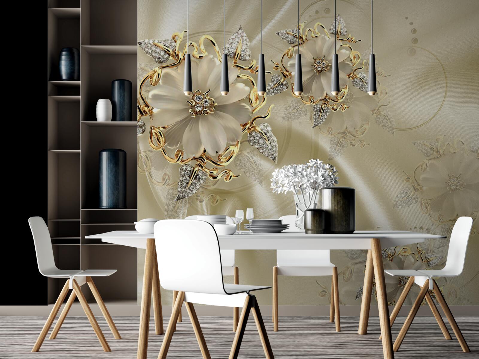 Fototapeta spinka do mankietów w kształcie kwiatka z płatkami na beżowej jedwabnej tkaninie