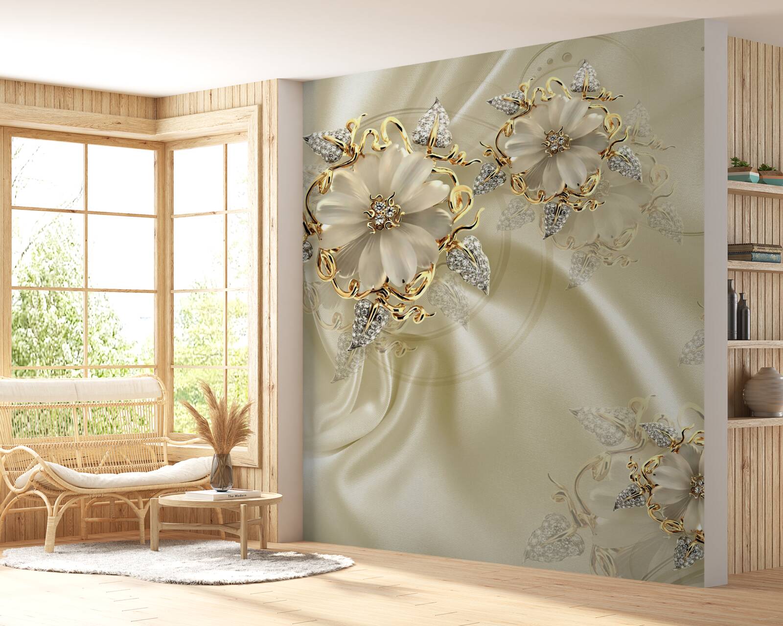 Fototapeta spinka do mankietów w kształcie kwiatka z płatkami na beżowej jedwabnej tkaninie