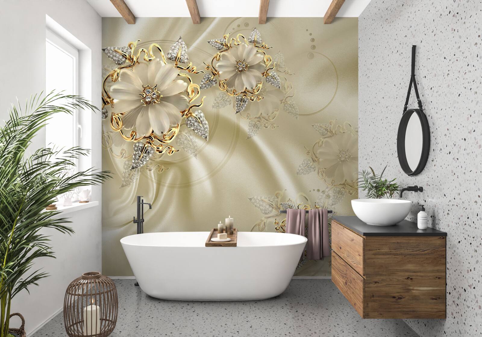 Fototapeta spinka do mankietów w kształcie kwiatka z płatkami na beżowej jedwabnej tkaninie