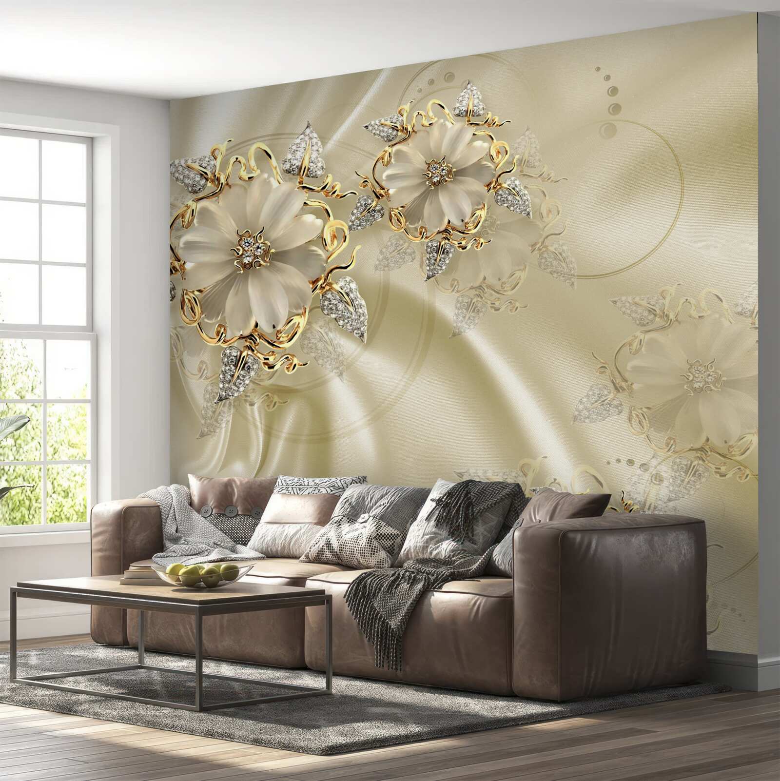 Fototapeta spinka do mankietów w kształcie kwiatka z płatkami na beżowej jedwabnej tkaninie