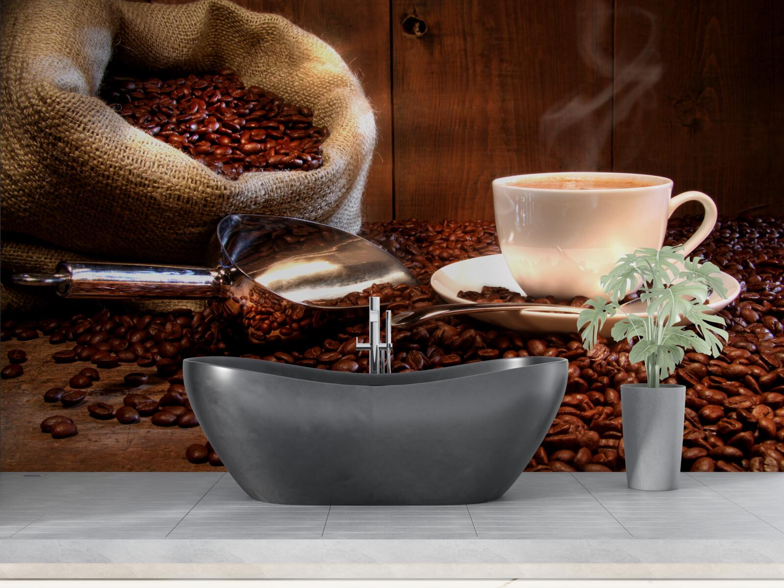 Fototapeta ziarna kawy pod filiżanką aromatycznej kawy