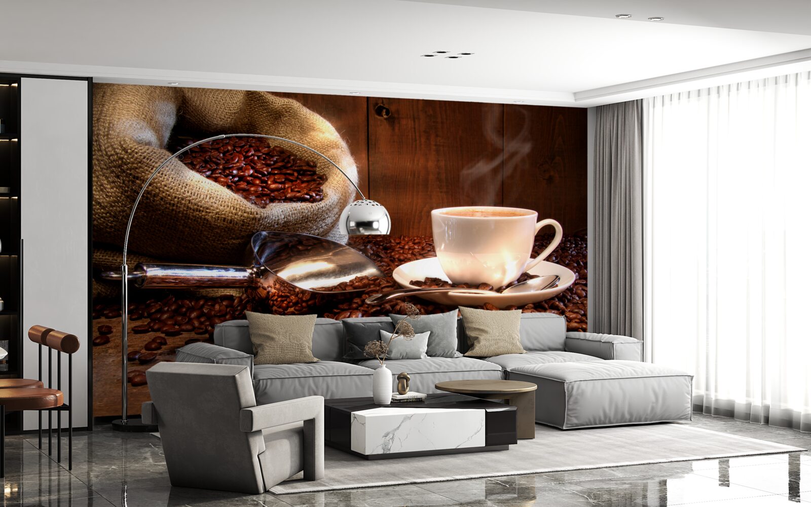 Fototapeta ziarna kawy pod filiżanką aromatycznej kawy