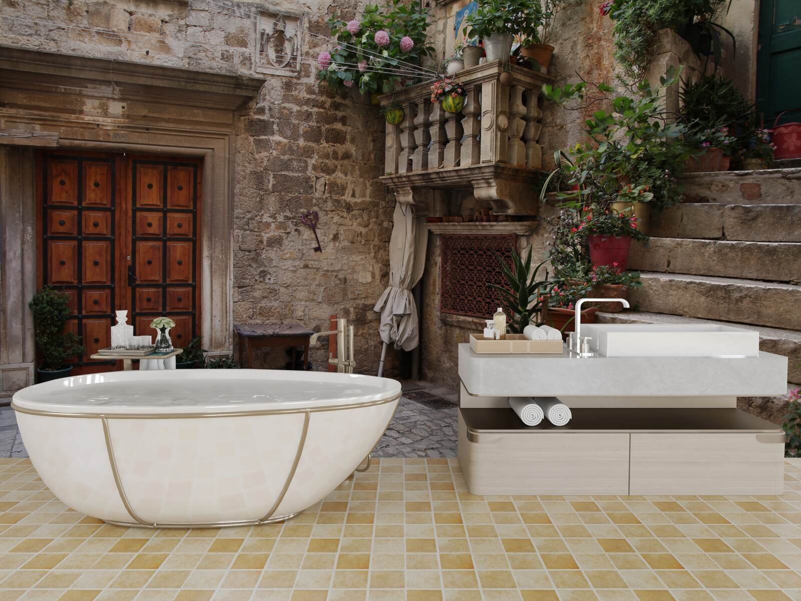 Fototapeta zabytkowe stopnie schodów na dziedzińcu