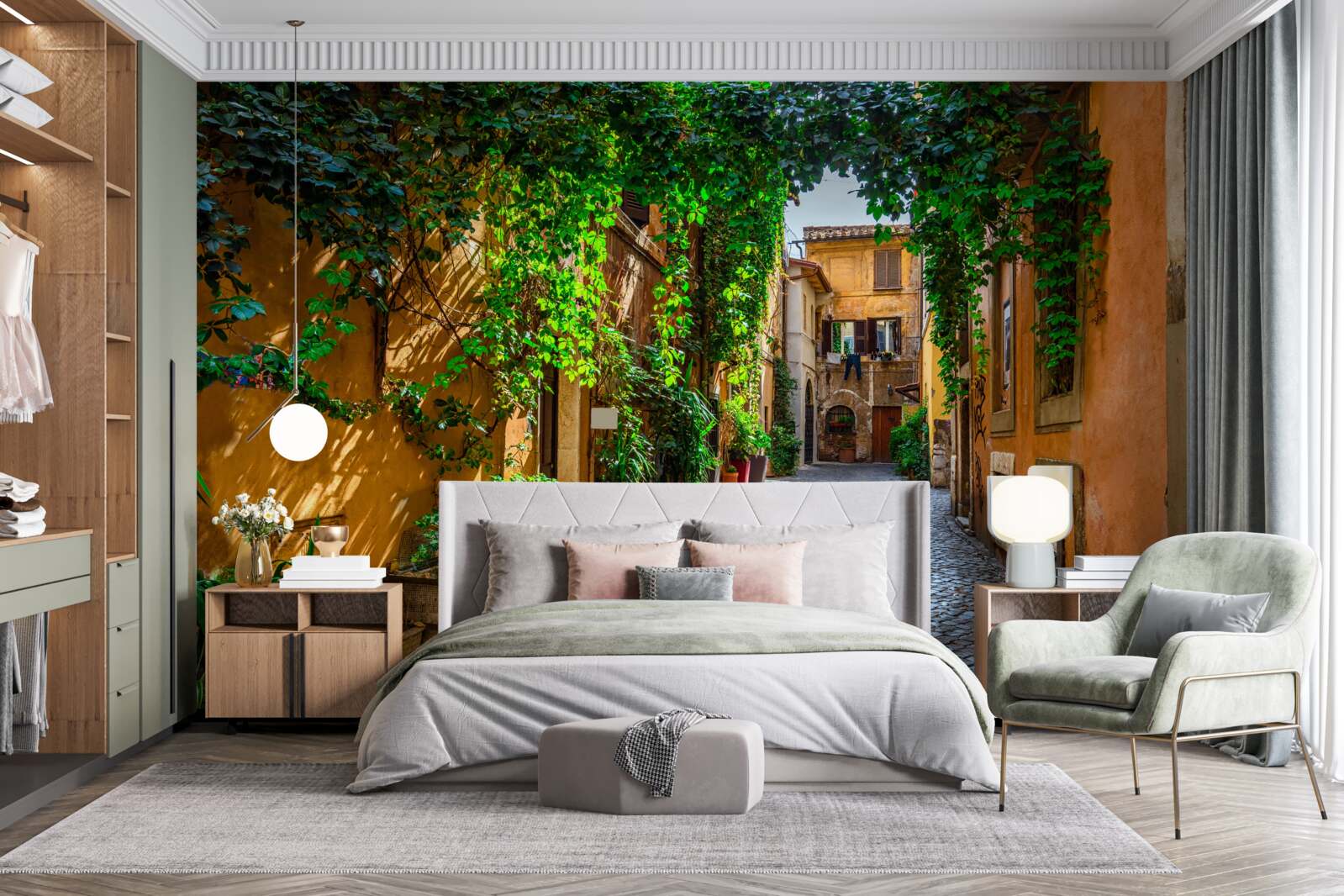 Fototapeta włoski dziedziniec, otoczony zielenią, jest przepełniony komfortem