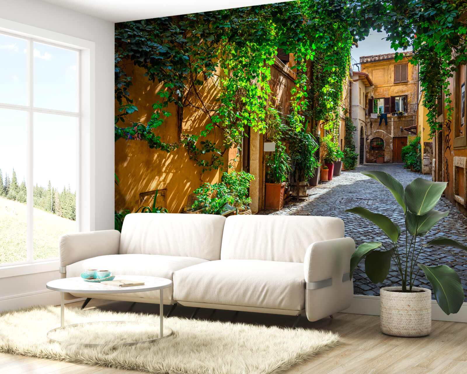 Fototapeta włoski dziedziniec, otoczony zielenią, jest przepełniony komfortem