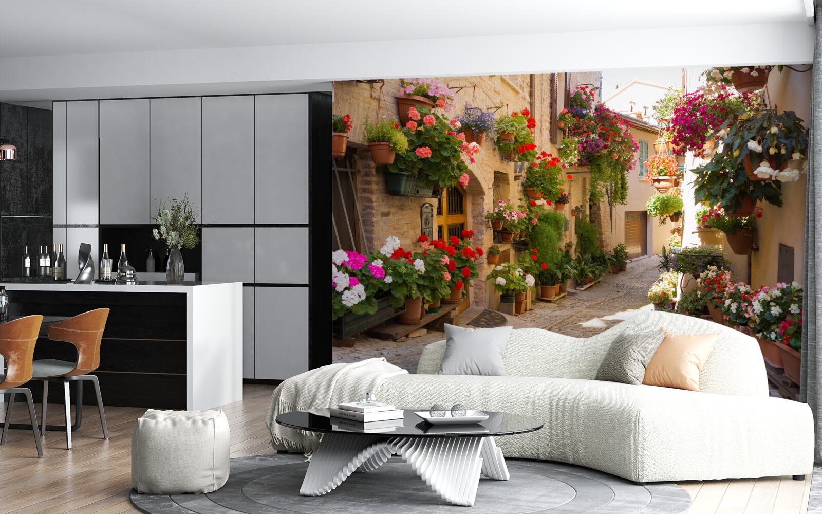 Fototapeta naturalne kwiaty na zabytkowej ulicy