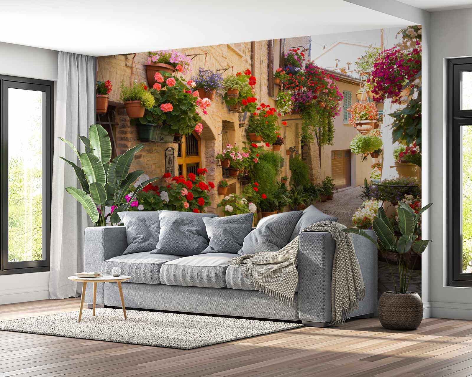 Fototapeta naturalne kwiaty na zabytkowej ulicy