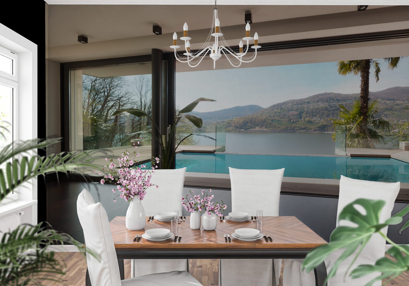 Fototapeta ekskluzywny basen z panoramicznym widokiem na pasmo górskie