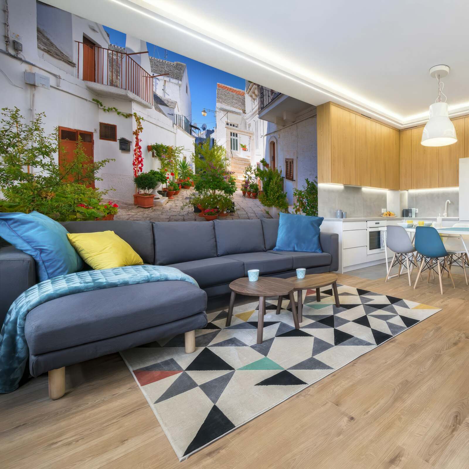 Fototapeta ulica santorini, zanurzona w zieleni