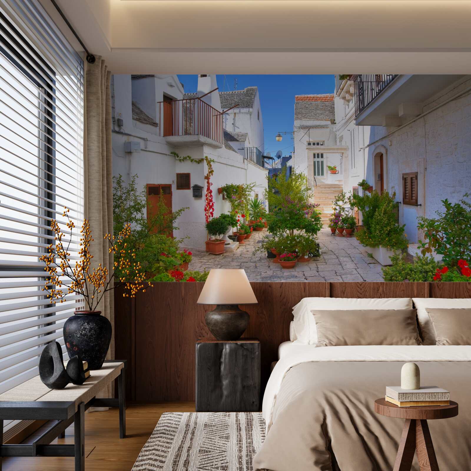 Fototapeta ulica santorini, zanurzona w zieleni