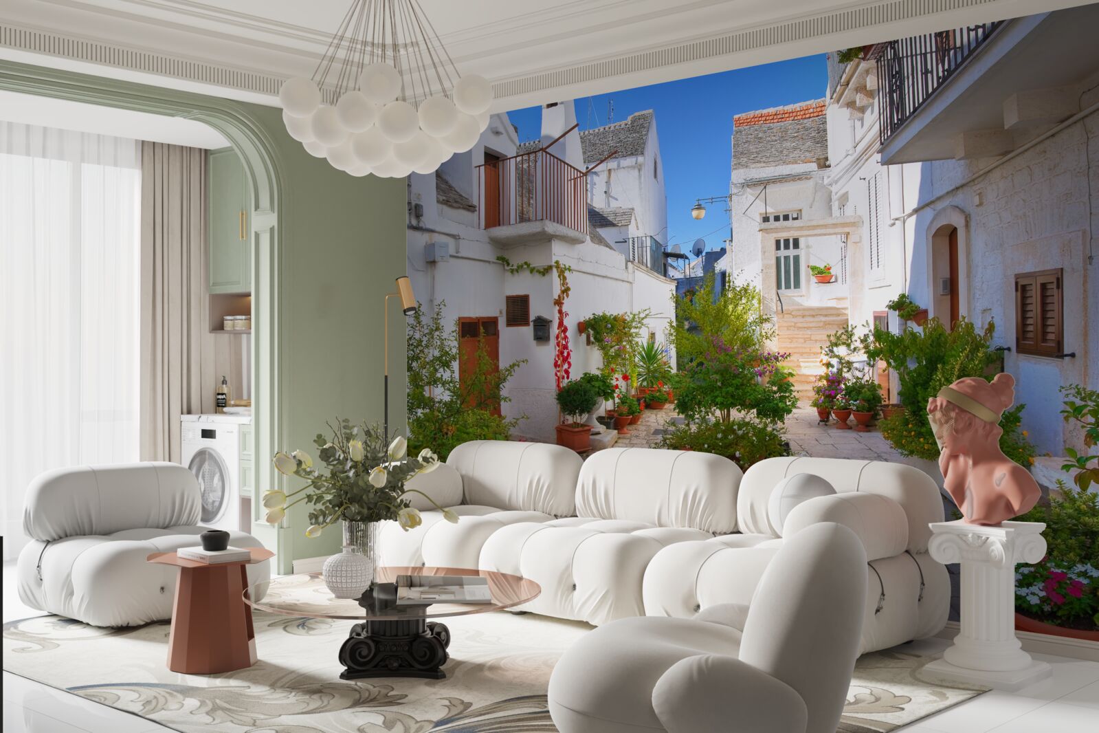 Fototapeta ulica santorini, zanurzona w zieleni