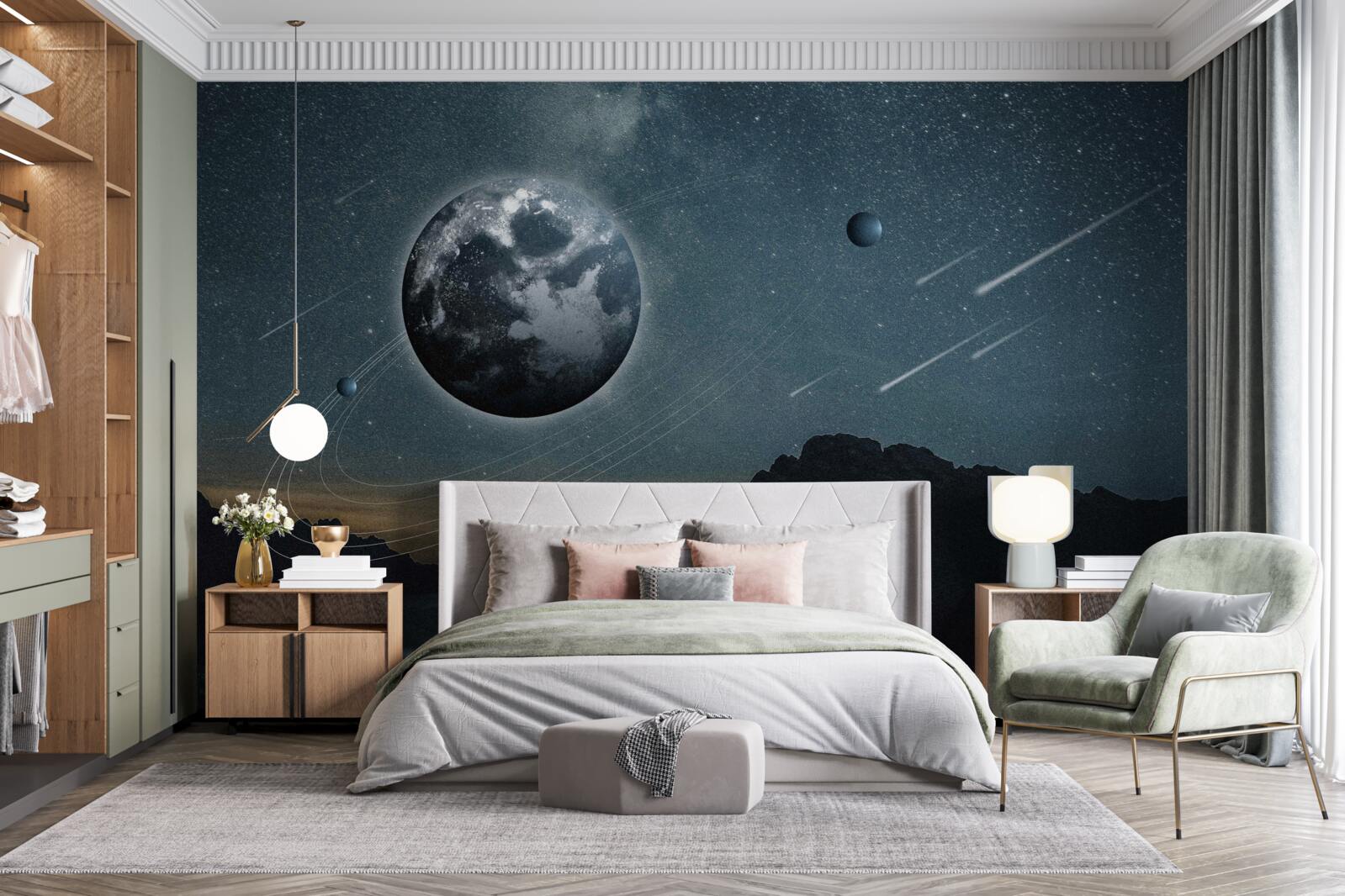 Fototapeta deszcz meteorytów i satelita ziemi