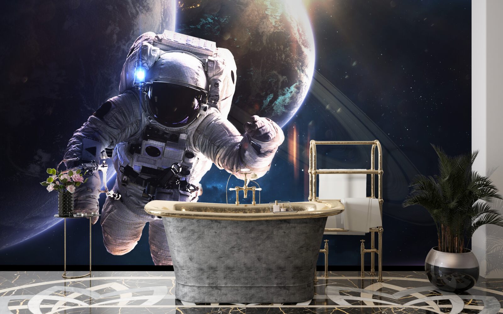 Fototapeta astronauta pozujący przed jowiszem