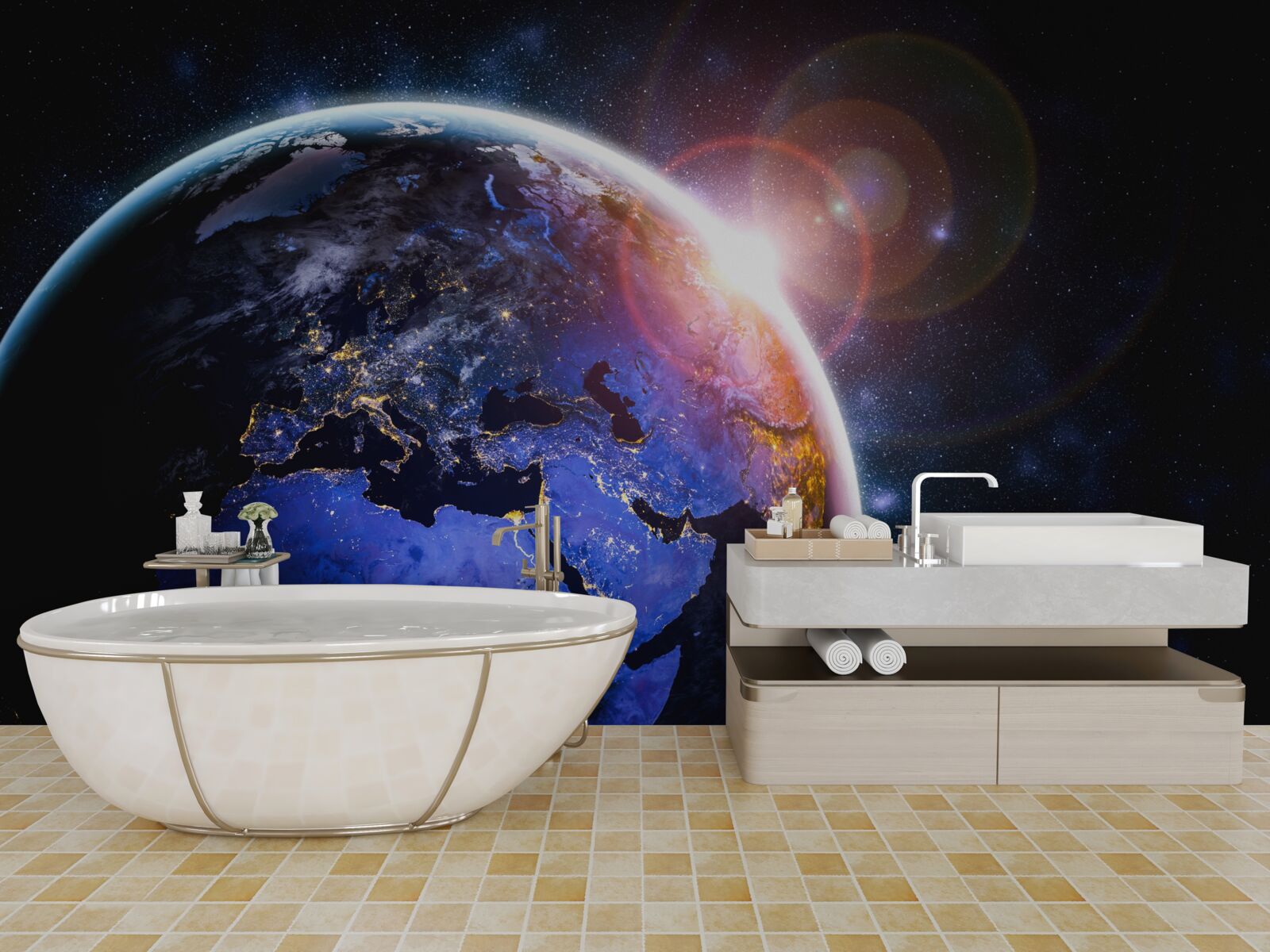 Fototapeta słońce zachodzi w swoim jasnym świetle nad planetą