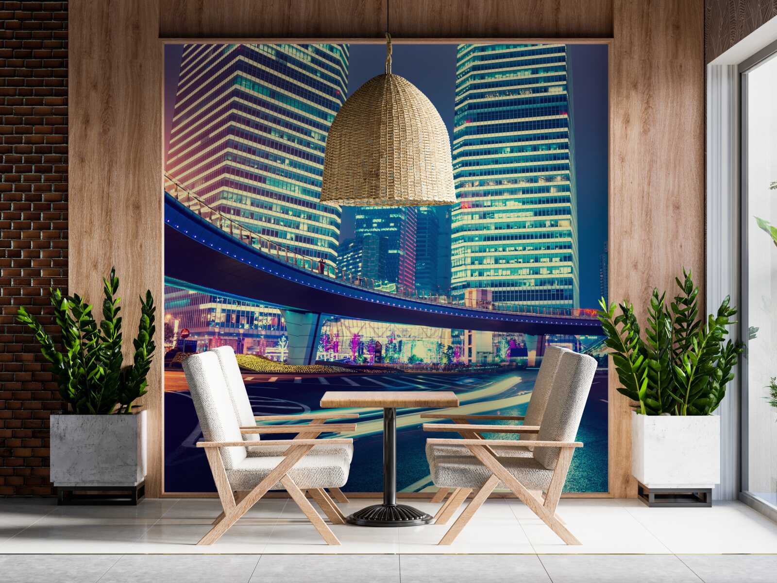 Fototapeta nocne miasto z wieżowcami i mostem